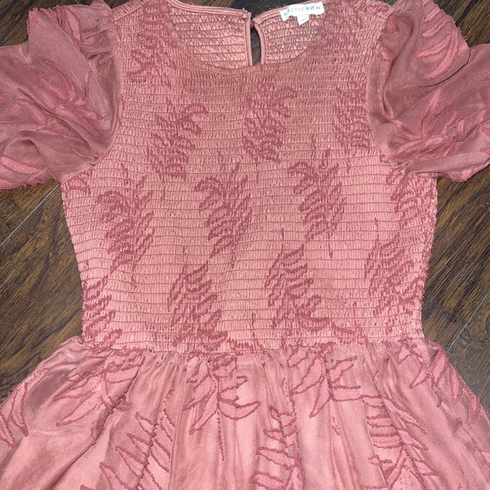 Baltic Born Dusty Rose Smocked Midi Dress Puff Sleeve Tiered Women's Size Small